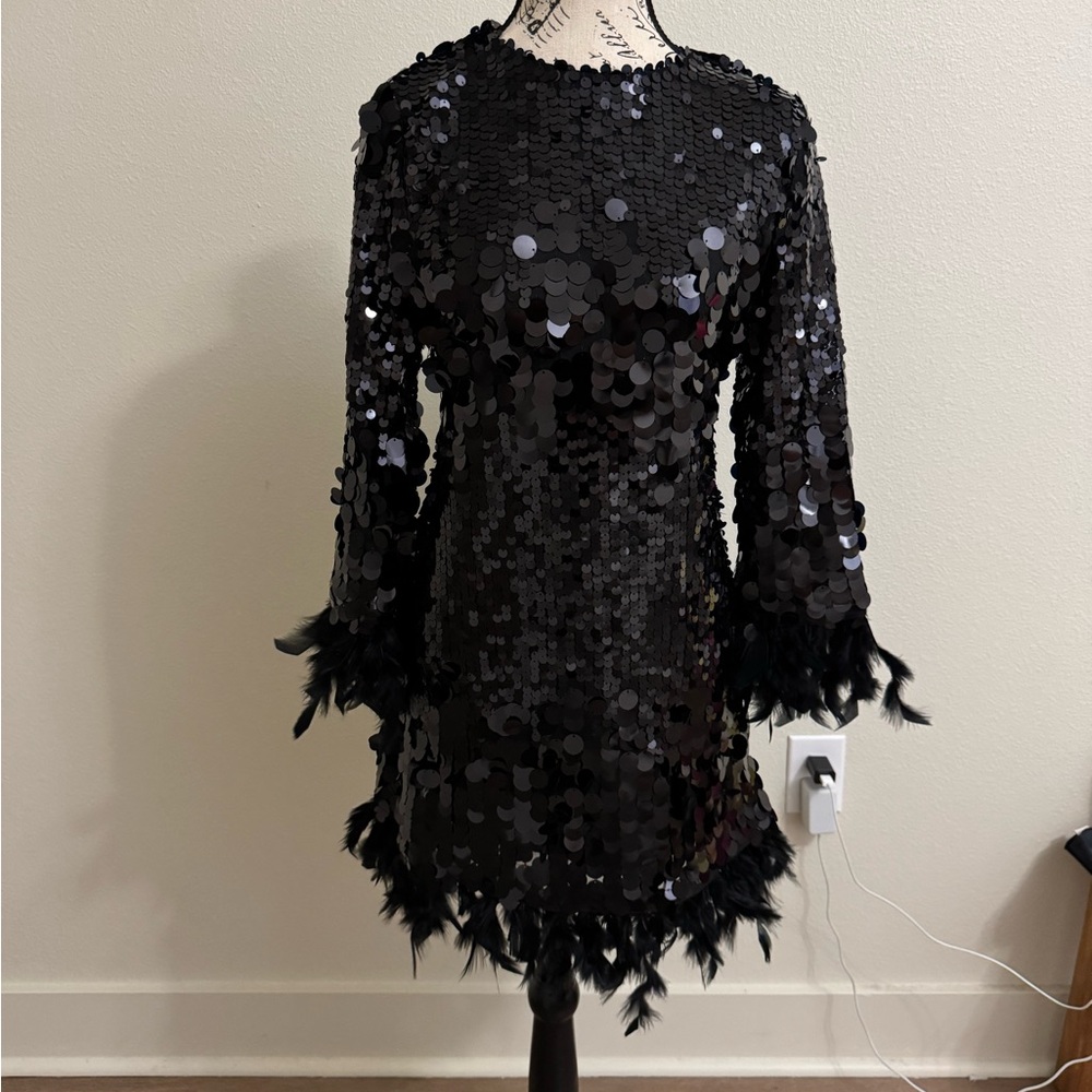 Black Sequin Dress with Feather Trim